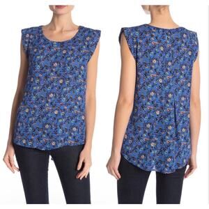 Pleione Womens Top Size Medium Blue Black Floral Printed Back Pleat Blouse